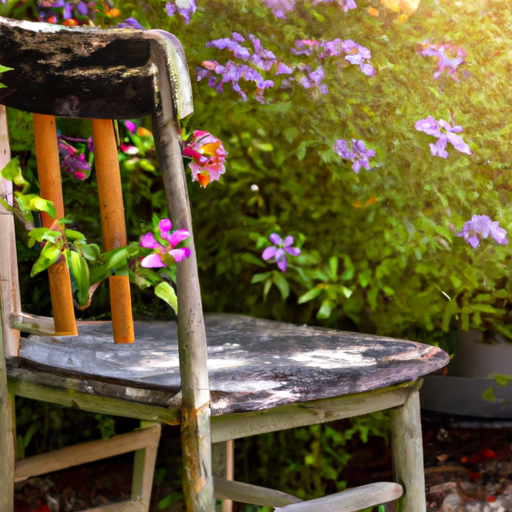 An image showcasing a worn-out wooden chair transformed into a vibrant flower planter, with colorful blooms gently spilling over the seat and backrest
