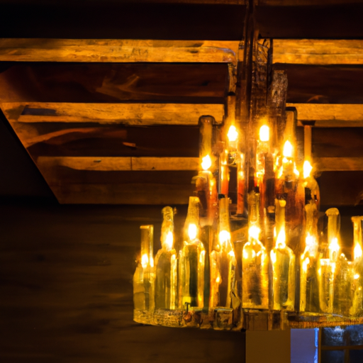 An image showcasing a stunning chandelier crafted from recycled glass bottles, hanging elegantly in a rustic dining room