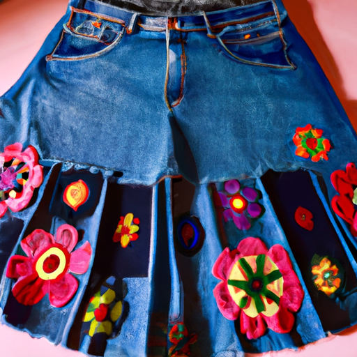 An image showcasing a vibrant, bohemian-style patchwork skirt made from repurposed old denim jeans