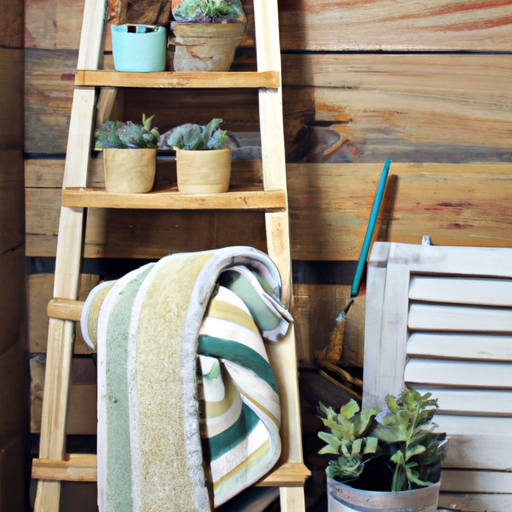 An image showcasing a reclaimed wood wall shelf adorned with potted succulents, a vintage mason jar filled with paintbrushes, and a repurposed wooden ladder displaying folded blankets and towels