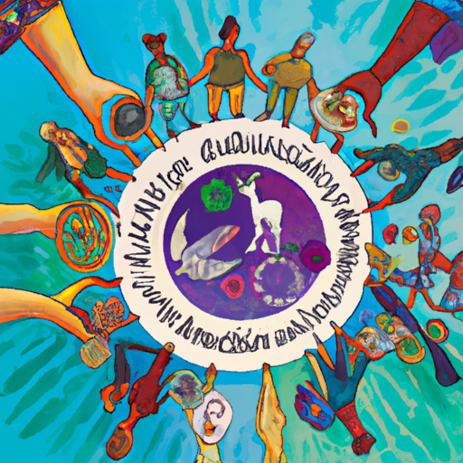 An image depicting a diverse group of people holding hands in a circle, surrounded by symbols representing fair trade, sustainability, and animal rights, emphasizing the interconnectedness and significance of ethical consumption