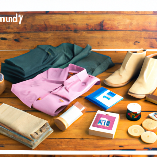 An image showcasing a diverse range of sustainable products, from clothing to household items, arranged neatly on a wooden table