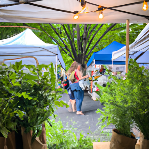 An image showcasing a vibrant farmers market, bustling with eco-friendly vendors selling organic produce, ethically made clothing, and fair trade coffee