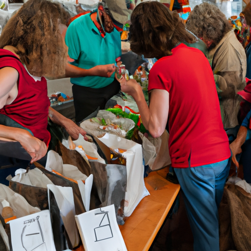 An image showing a diverse group of people browsing through a farmers market, carefully inspecting produce, reading labels, and engaging with local vendors