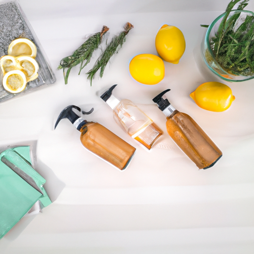 An image showcasing a neatly arranged kitchen countertop with five glass spray bottles filled with vibrant homemade natural cleaning solutions, accompanied by fresh ingredients like lemons, vinegar, baking soda, essential oils, and a sprig of rosemary
