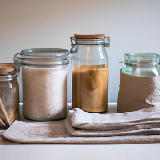 An image of a serene kitchen with reusable glass jars neatly organized, filled with bulk ingredients, surrounded by eco-friendly cloth bags and bamboo utensils, highlighting the beauty of a minimalist, waste-free lifestyle