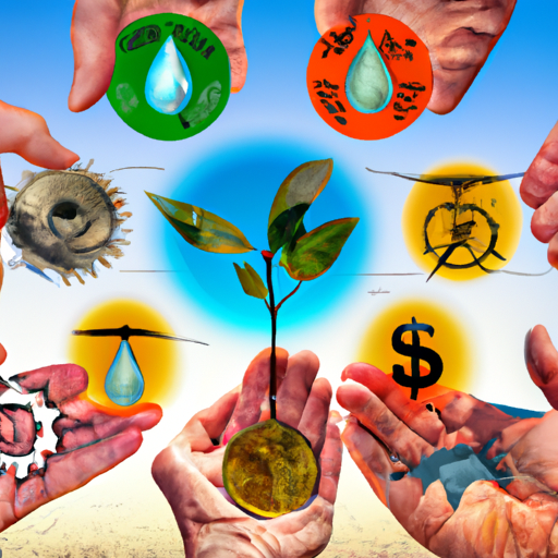 An image featuring a diverse group of hands, each holding a different sustainable investment symbol - a tree sapling, wind turbine, solar panel, and water droplet - representing the crucial role of sustainable investing in creating a greener future